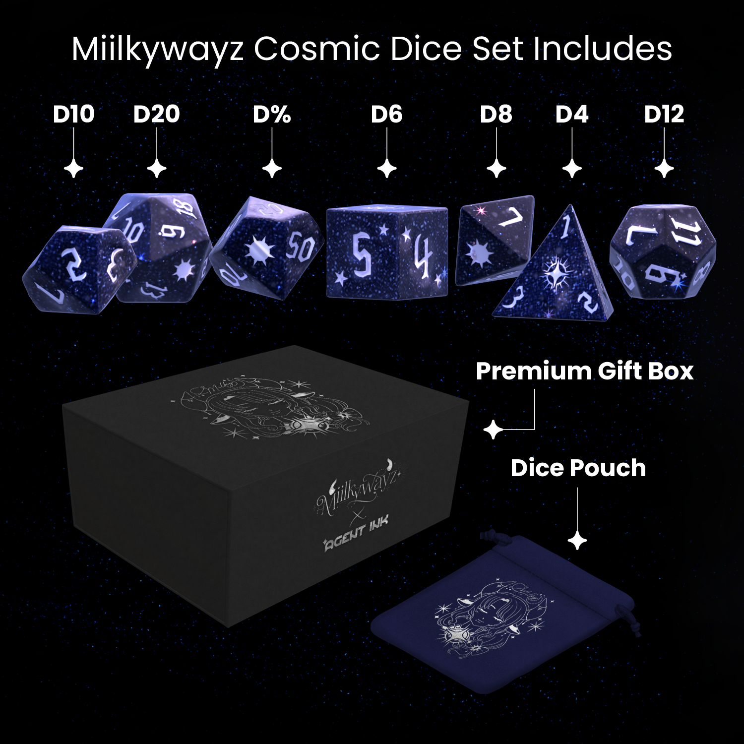 Miilkywayz Cosmic Dice Set and Deskmat Bundle